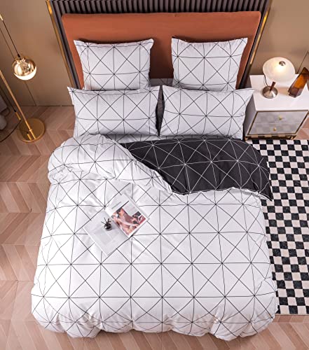 Ropa de cama 135 x 200 4 piezas gris y blanco a cuadros geométricos...