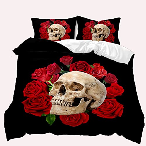 Juego de ropa de cama de 135 x 200 cm, diseño de flores y calaveras,...